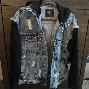 American Bazi Distressed Denim Jacket with Black Distressed Sleeves